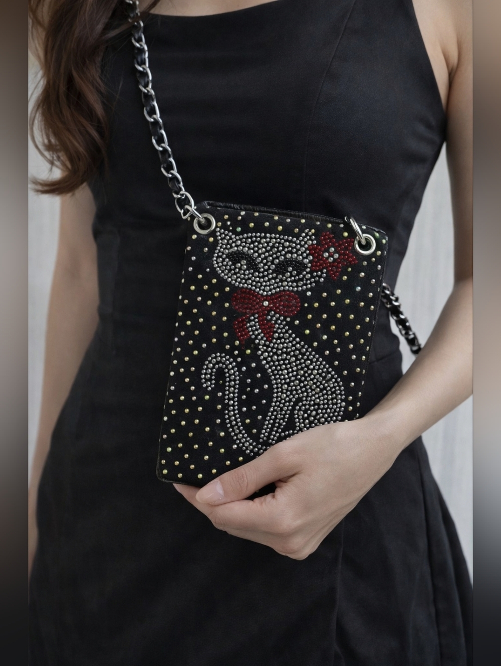 Kitty Cat Rhinestones Petite Phone Crossbody Purse 6x7"